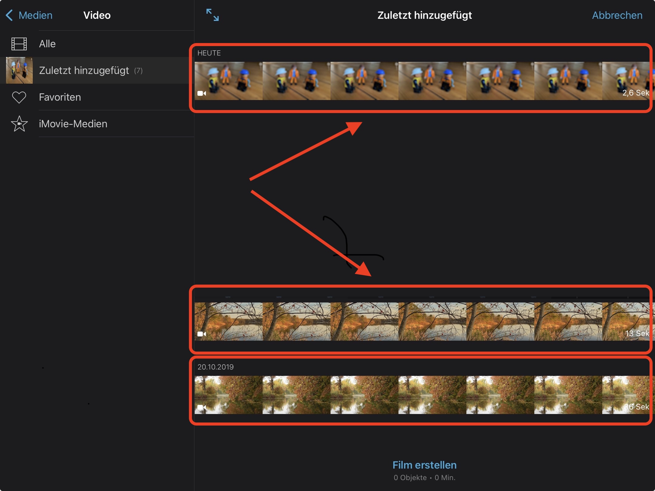 Suche im Menü "Medien" oben links eine Kategorie aus und wähle mindestens ein Medium in der Kategorie an. Klicke auf "Film erstellen".