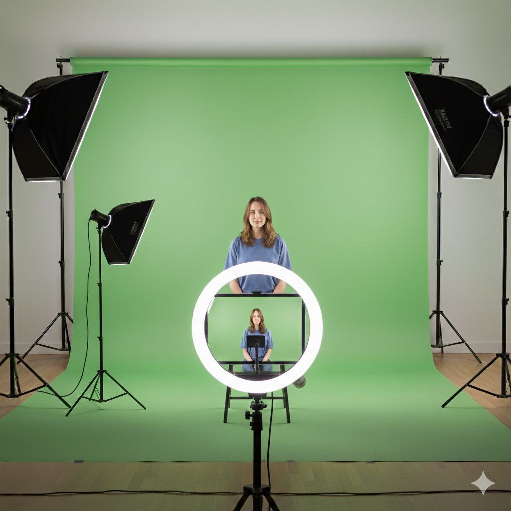 Greenscreen mit 2 Softboxen recht und links, links einer Softbox auf Schulterhöhe und ein Ringlicht hinter einem IPad