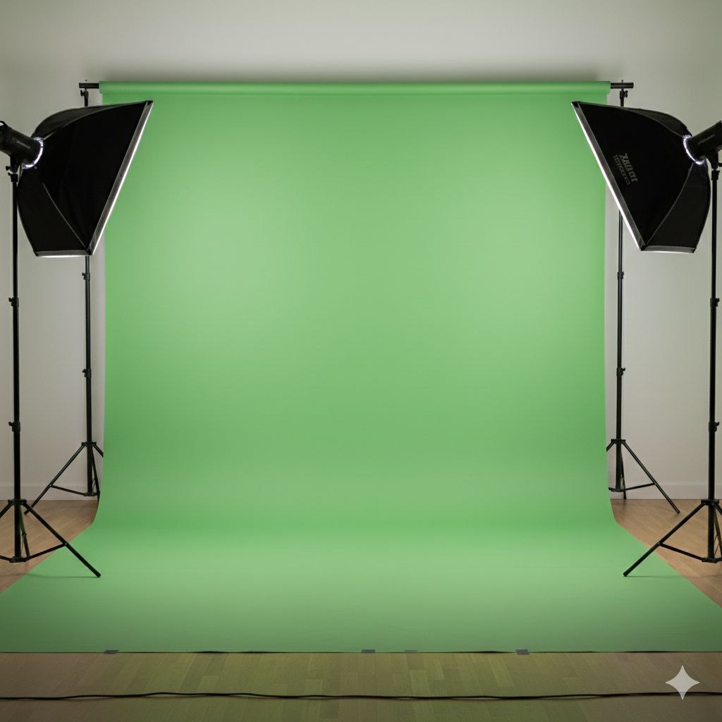 Ein Greenscreen mit 2 Softboxen recht und links