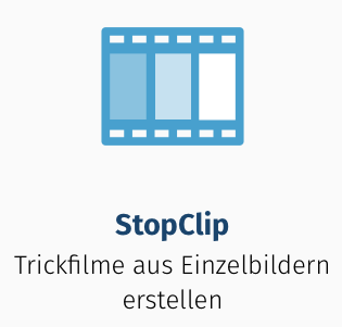 Filmstreifen in drei Blautönen, App ist StopClip- mit diesem Programm lassen sich Trickfilme aus Einzelbildern erstellen