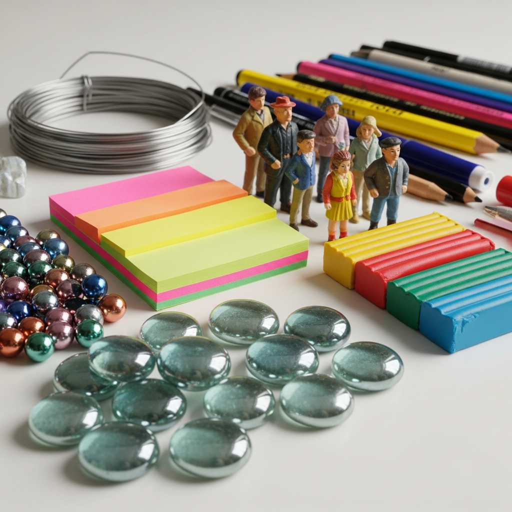 Bild mit Material: Muggelsteine, Perlen, Draht, Figuren, Wachsmalstifte, Bleistifte